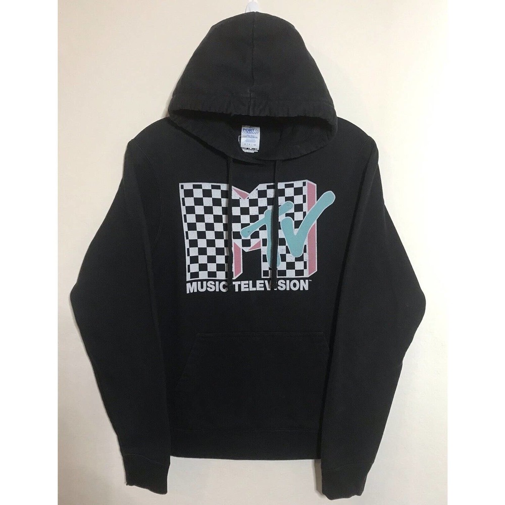 MTV Hoodie Men”s S-P Black Sweatshirt Pullover Chest Graphic Front Pocket.
